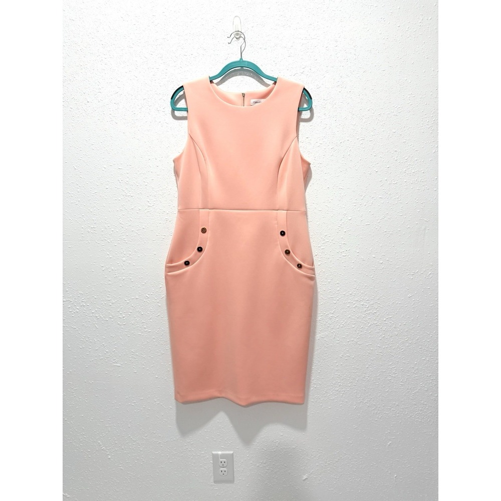 Calvin Klein pink Sheath Dress‎ side Button‑Front round Sleeveless 14